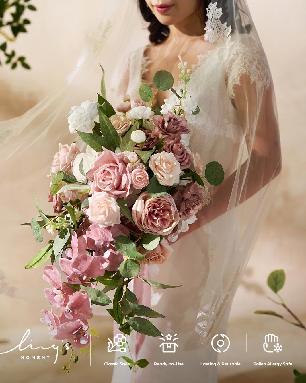 Ling's moment Dusty Rose Bridal Bouquet Cascading, Pink Wedding Bouquets for Bride, 15 Inch Bride Bouquet Orchids Artificial Wedding Flower Bouquet