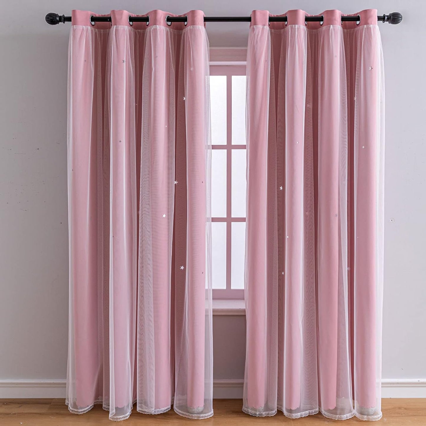 FANLI 2 Panels Star Blackout Curtains for Kid Girls Bedroom Living Room Darking Stripe Double Layer Star Cut Out Wall Home Decor Gradient Grommet Window Curtains (Pink 84L)