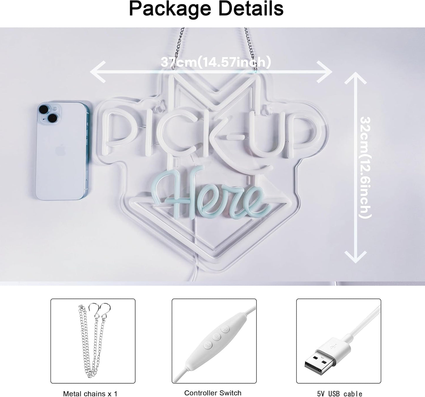 PICK-UP Here Neon Sign, Neon Lights Hanging Wall Art Decoration for Restaturant Shop Bar Market Bakeries Café Celebration Home Decor, USB Powered Ultra Bright Dimmable,14.57×12.6inches