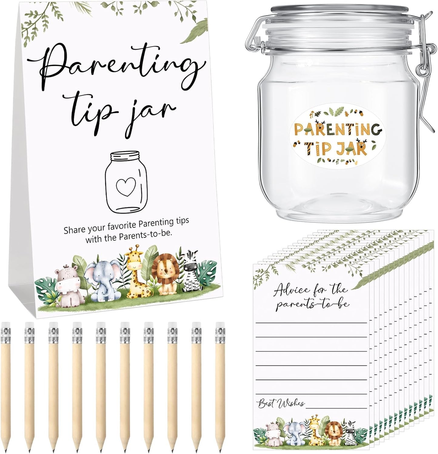 Roowest Baby Shower to Baby Advice Cards for New Parents to Be - Tip Jar Sign for New Parents 60 Parenting Advice Cards 10 HB Pencils 2 Cute Stickers 1 Pet Bottle for Guests Games(Animal)