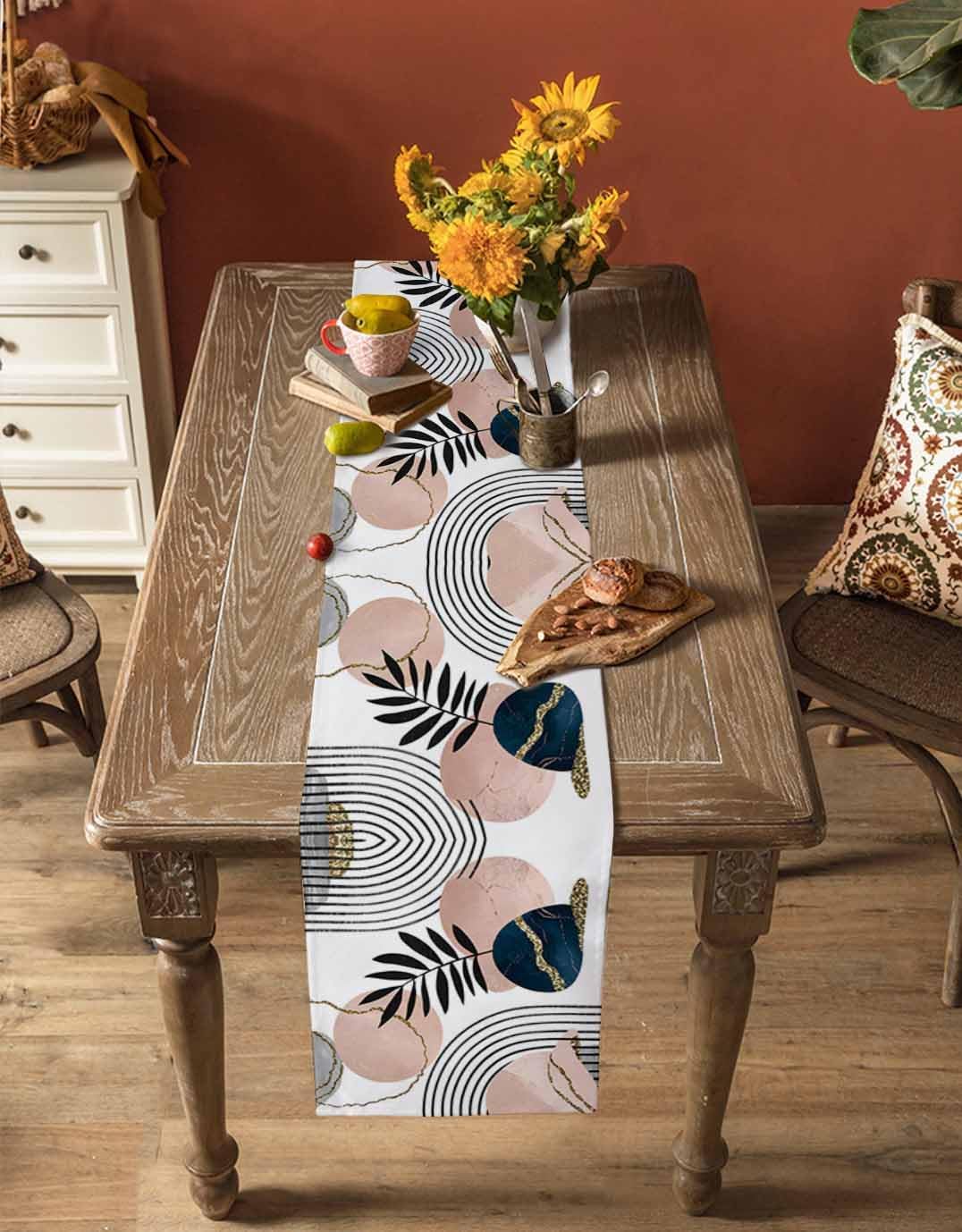 Modern Boho Cotton Linen Table Runner for Dining Kitchen, Wedding Outdoor Party Tablerunners Decoration, Abstract Bohemian Tropical Palm Leaf Dresser Scarf Coffee Tablecloth Runners 13x60 Inches