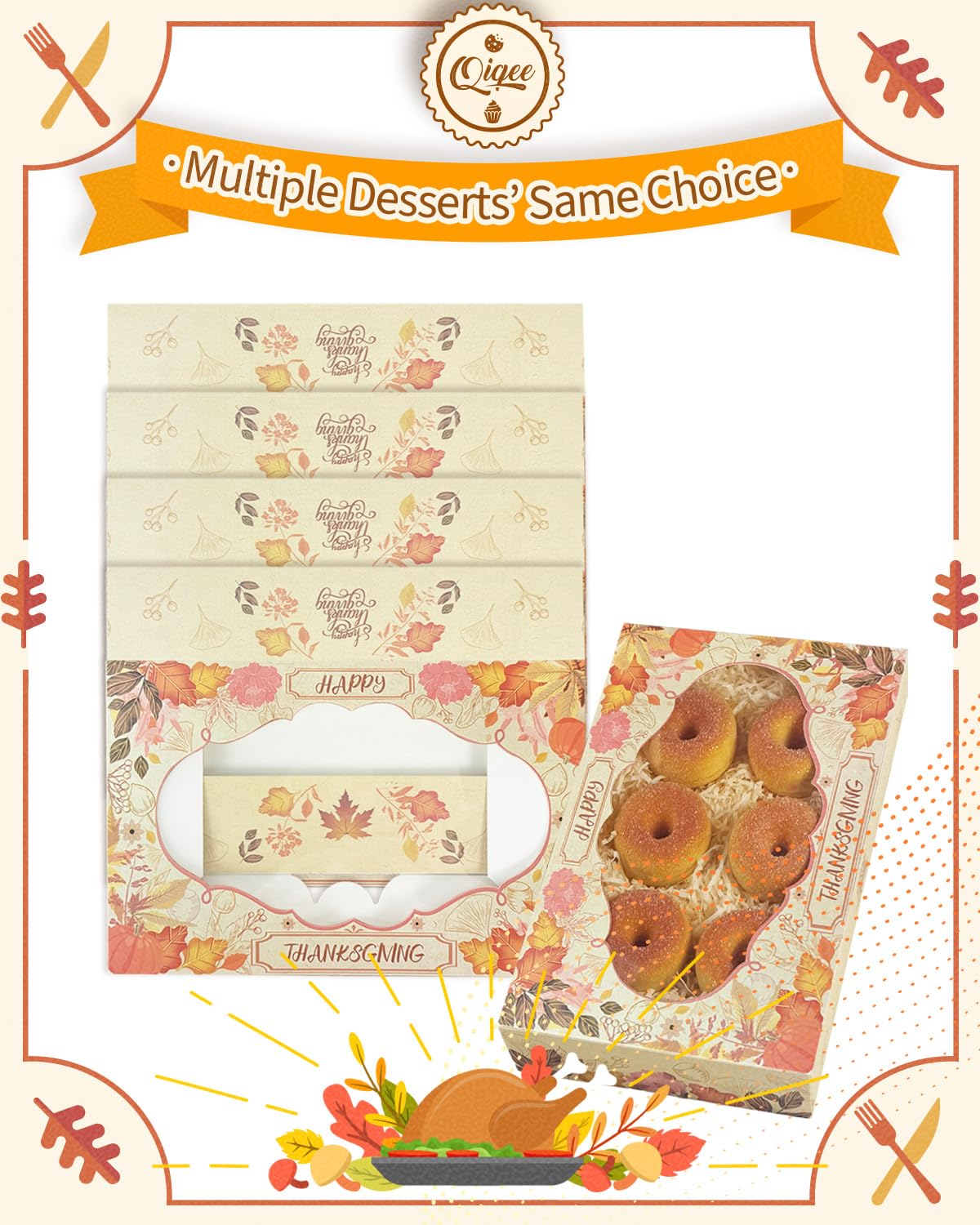 qiqee Thanksgiving Cookie Box with Window 12x8x2.5 inch 32 Packs Two Uses One Second Folding Pastry Biscuit Retro Leaves Bakery Box for Packaging Auto-pop up