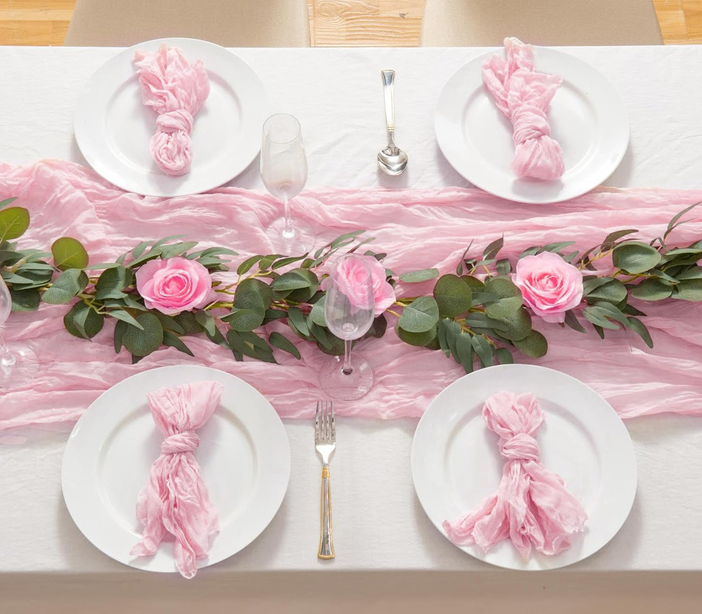 8 Pack 10Ft Table Runner 35x120 inch Pink Boho Gauze Table Cheese Cloth Long Wrinkled Sheer Table Runner for Wedding Bridal Shower Birthday Party Table Decor