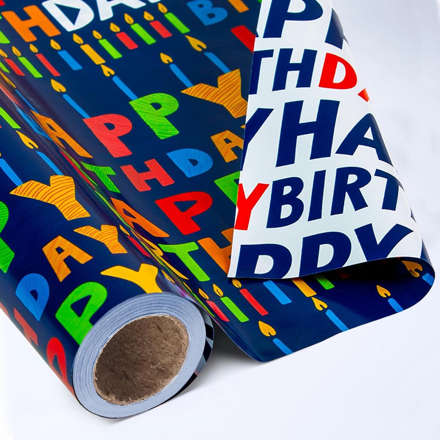 Yarcony Reversible Birthday Wrapping Paper Roll - 17 Inch X 16.5 Ft(23.4 Sq.Ft.Ttl) - Creative Colorful Happy Birthday Lettering & Candle Navy Blue Gift Wrap for Party, Baby Shower & Holiday
