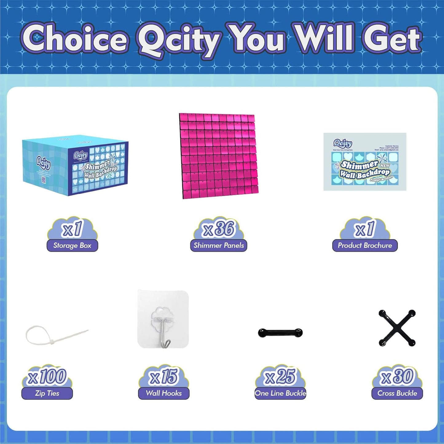 Qcity Hot Pink Shimmer Wall Backdrop 36PCS, Black Back Not See-Through Design, Square Sequin Glitter Backdrop Panel, Perfect for Outdoor Events, Birthdays, Wedding and Party Decoration