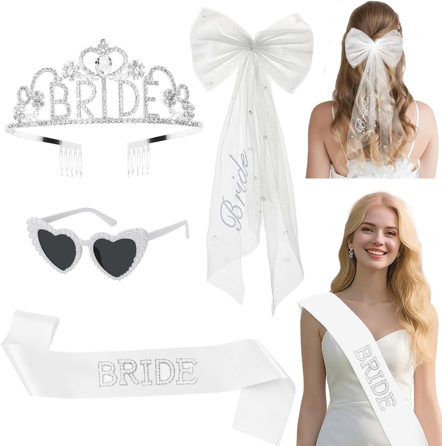 4 Pcs Bachelorette Party Decorations, BRIDE Crown,Pearl Bride Sash,White Bow Bride Veil,Bride Sunglasses for Women Bachelorette Party Gifts, Bridal Shower Supplies, Brides Accessories,Gifts, Favors