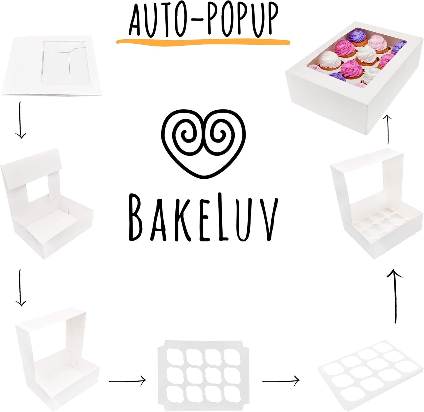 BAKELUV White 12 Cupcake Boxes, Cupcake Containers | 13x9.5x4, 50 Pack