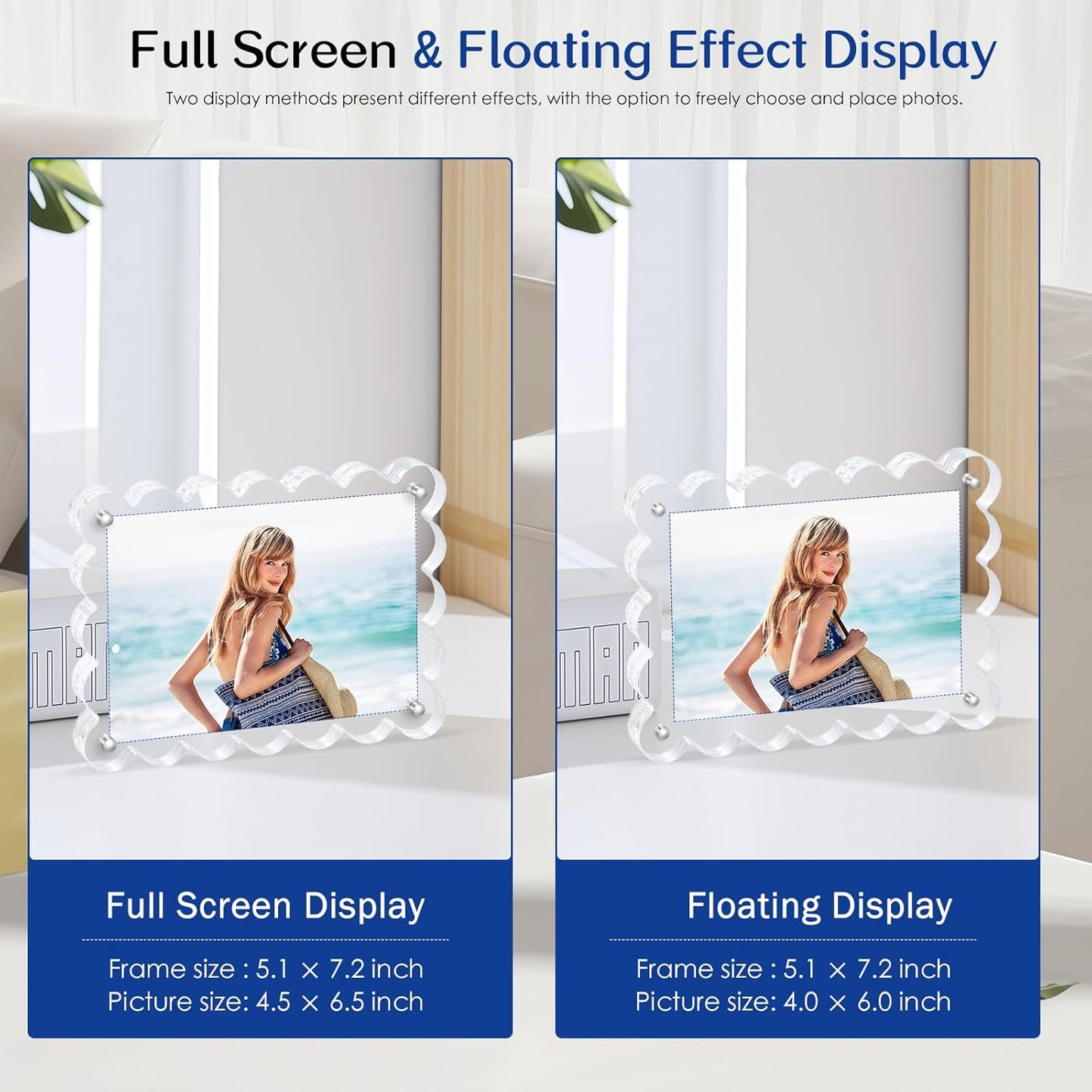 Scalloped Magnetic Picture Frame 4x6 Inch - 6Pack Clear Acrylic Photo Frame, 20mm Thick Double-Sided Magnet Design, Trendy Desktop Display for Home/Office Decor (6 Pack, 4X6)