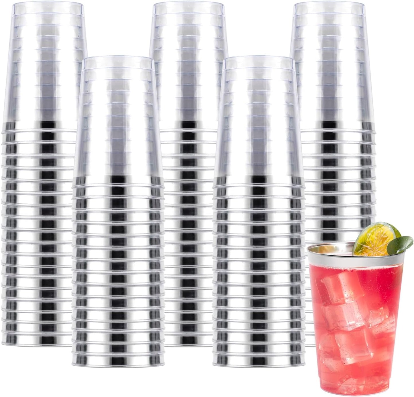 Goodluck 100PCS 10oz Plastic Cups for Party, Disposable Silver Plastic Cups, Cocktail Glasses for Wedding Thanksgiving, Christmas, and Parties