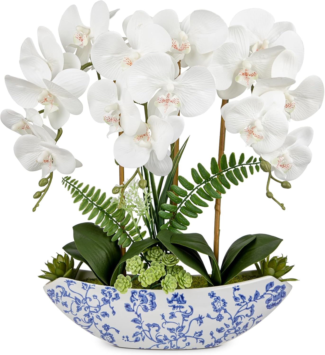 Briful Orchid Artificial Flowers 18in White Fake Orchid Silk Flowers with Blue and White Ceramic Vase Faux Orchid Arrangement for Home Office Room Coffee Table Centerpiece Modern Decor