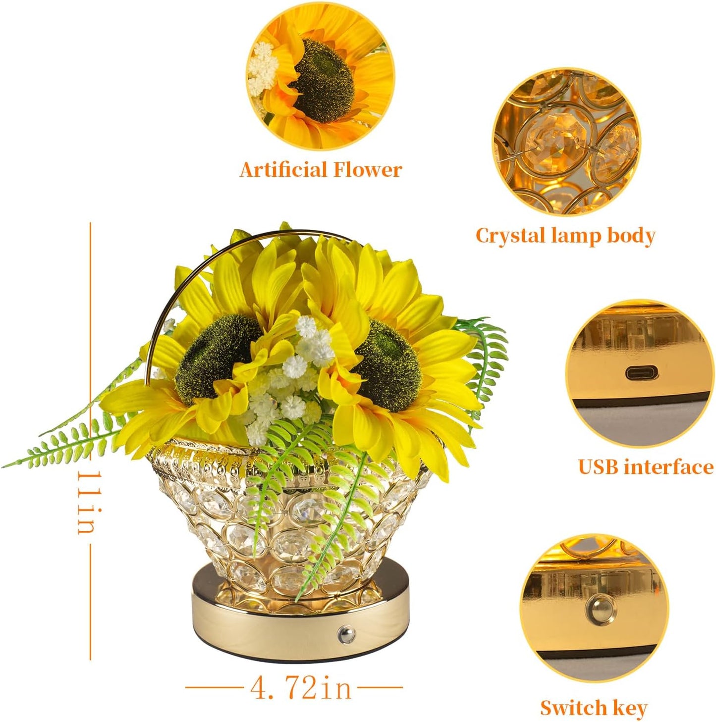 Birthday Gifts for Women, Gift Basket for Mom Sunflower Cordless Table Lamp,3 Color Crystal Lamps Touch Bedside Lamps Infinitely Dimming with USB Charge Small Night Light for Bedroom