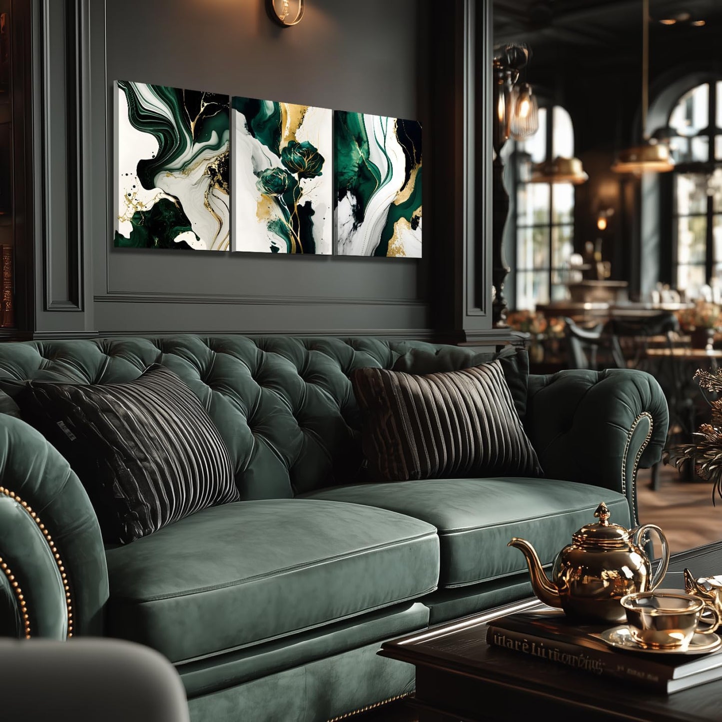 IAFWZX Framed Green Gold Abstract Wall Art, Emerald Marble Textured Wall Decor, Contemporary Line Flower Canvas Paintings, Abstract Floral Poster Prints for Living Room Bedroom Office 16"x24"x3