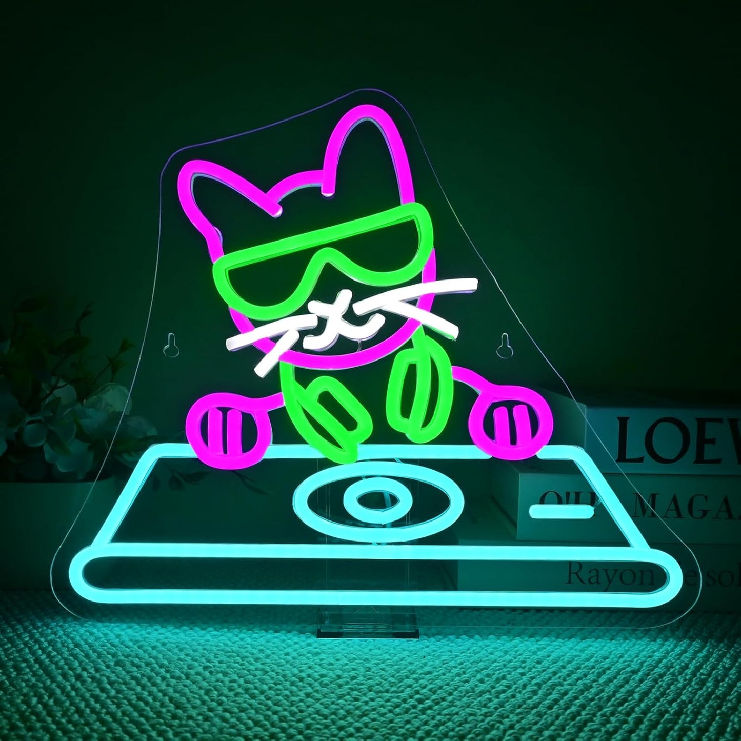 Cool DJ Cat Neon Sign – LED Wall Light for Bedroom, Game Room, Music Studio, or Bar, USB Powered, Dimmable, 14.9"x12.6"