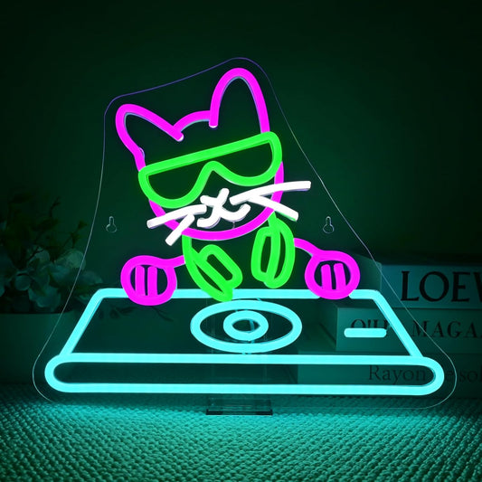 Cool DJ Cat Neon Sign – LED Wall Light for Bedroom, Game Room, Music Studio, or Bar, USB Powered, Dimmable, 14.9"x12.6"