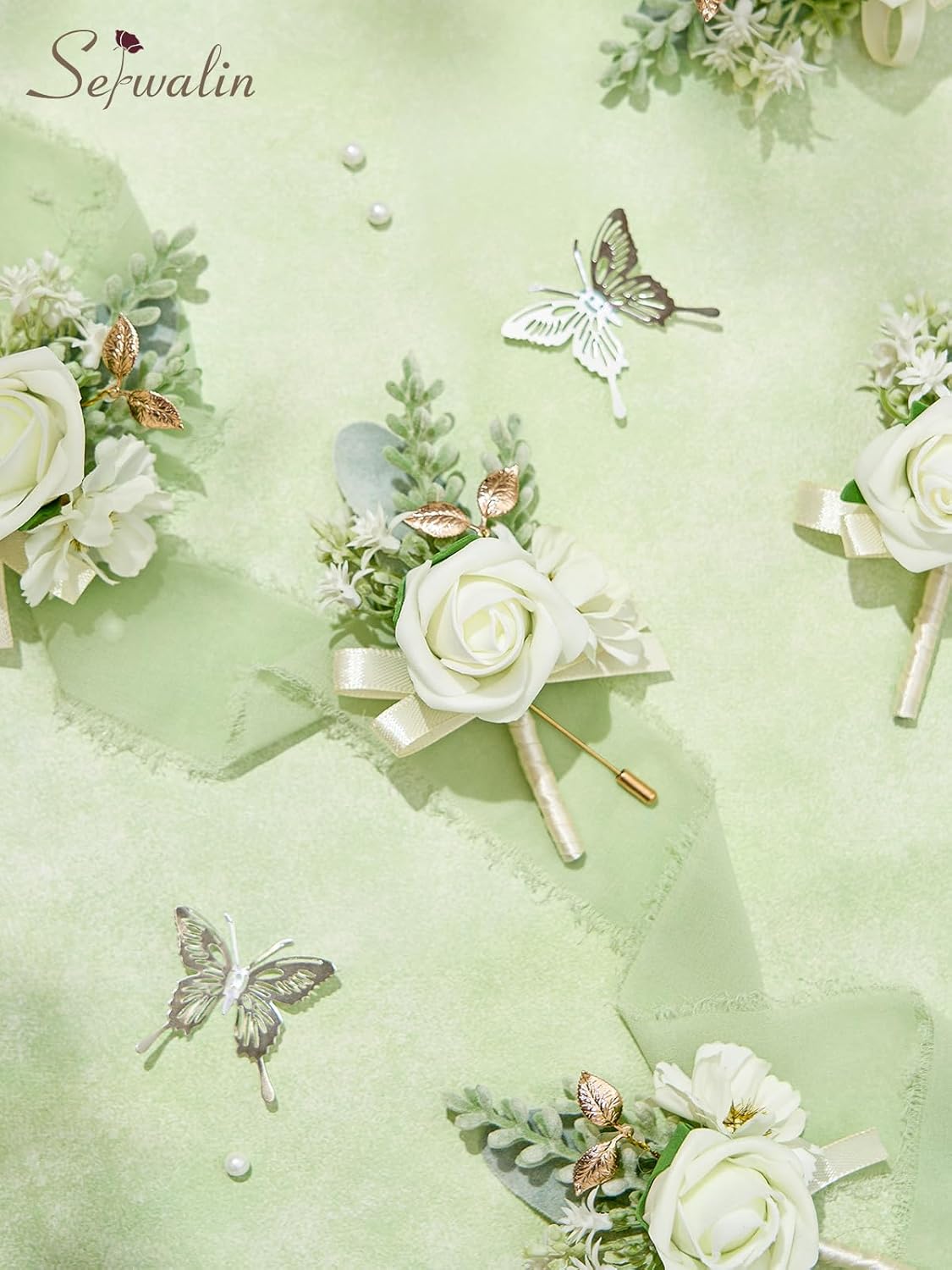 Serwalin 10Pcs Boutonniere for Men, White Groom and Best Man Boutonniere, Artificial Flowers for Wedding Decor/Prom/Homecoming/Ceremony Anniversary/Formal Dinner Party