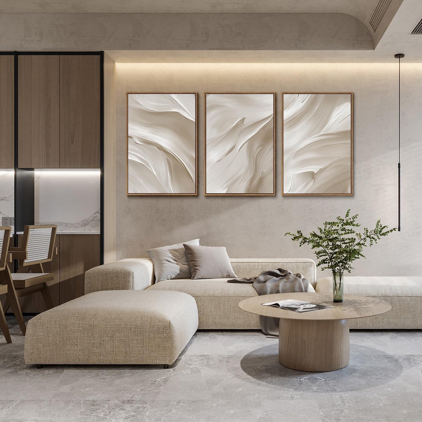 myusuar 3 Piece Large Abstract Framed Wall Art For Living Room, Smoke Texture Ink Beige White Canvas Wall Art Modern Minimalist Art Prints Wall Décor For Bedroom Office 24x36in