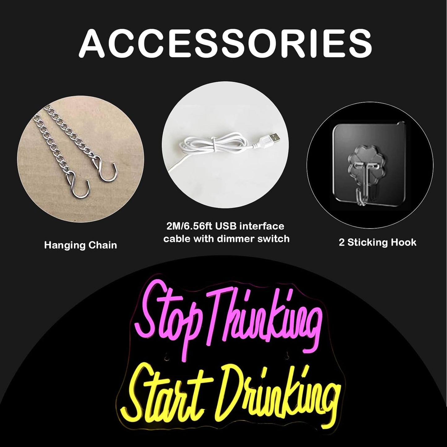 Wanxing LED Neon Sign for Wall Decor, Stop Thinking Start Drinking Neon Light, USB Powered Dimmable, 5V/2A, for Home, Party, Gift, Office, Bedroom, Bar, Man Cave