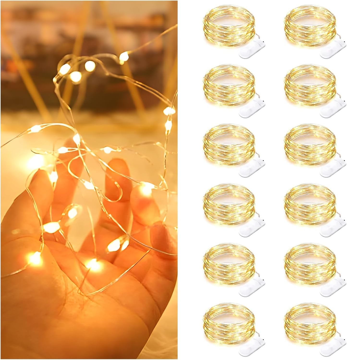12 Pack Fairy Lights Battery Operated String Lights，7FT 20LED Waterproof Silver Wire Christmas Lights Outdoor,Firefly Mini Lights for Bedroom Party Birthday Wedding Home Decor