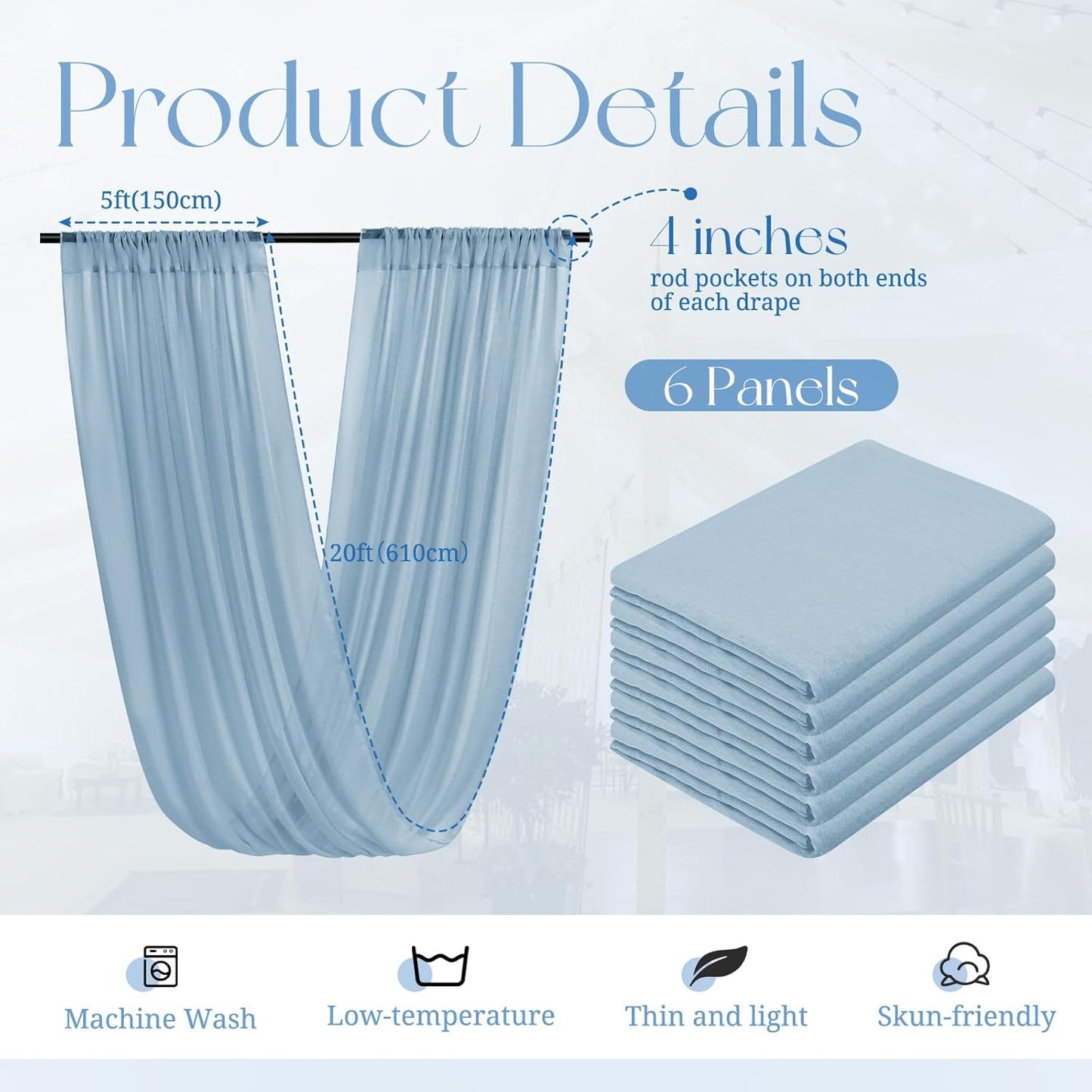 6 Panels Dusty Blue Ceiling Drapes for Wedding, 5ftx20ft Ceiling Drapes Cheesecloth Sheer Fabric Curtain Wedding Arch Draping Fabric Romantic Ceilings Decorations for Weddings Party Ceremony Stage