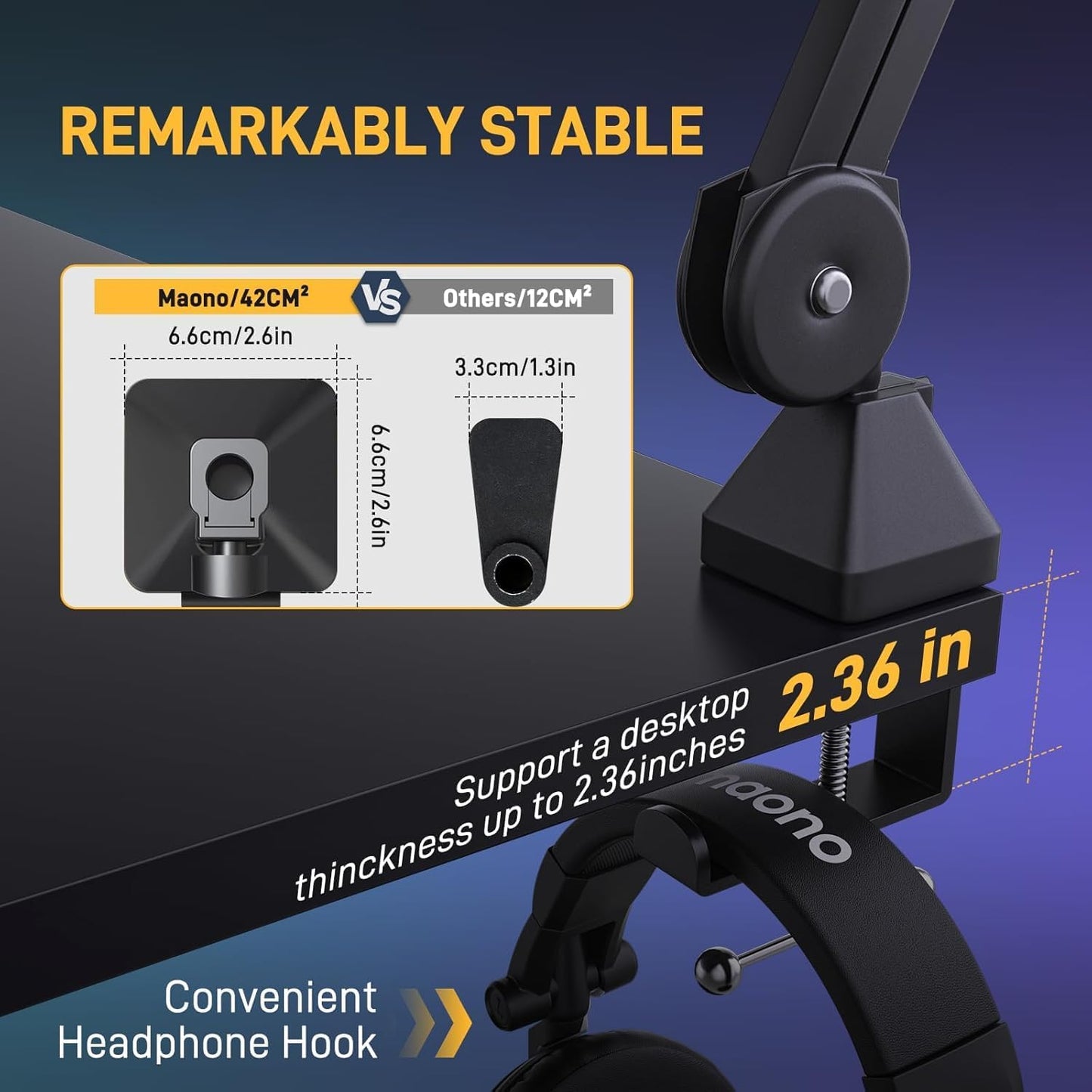 MAONO Microphone Boom Arm: Heavy Duty Adjustable Metal Suspension mic stand with Upgraded Desk Clamp and 3/8" to 5/8" Screw Adapter for Podcasting Recording Streaming Gaming - BA37