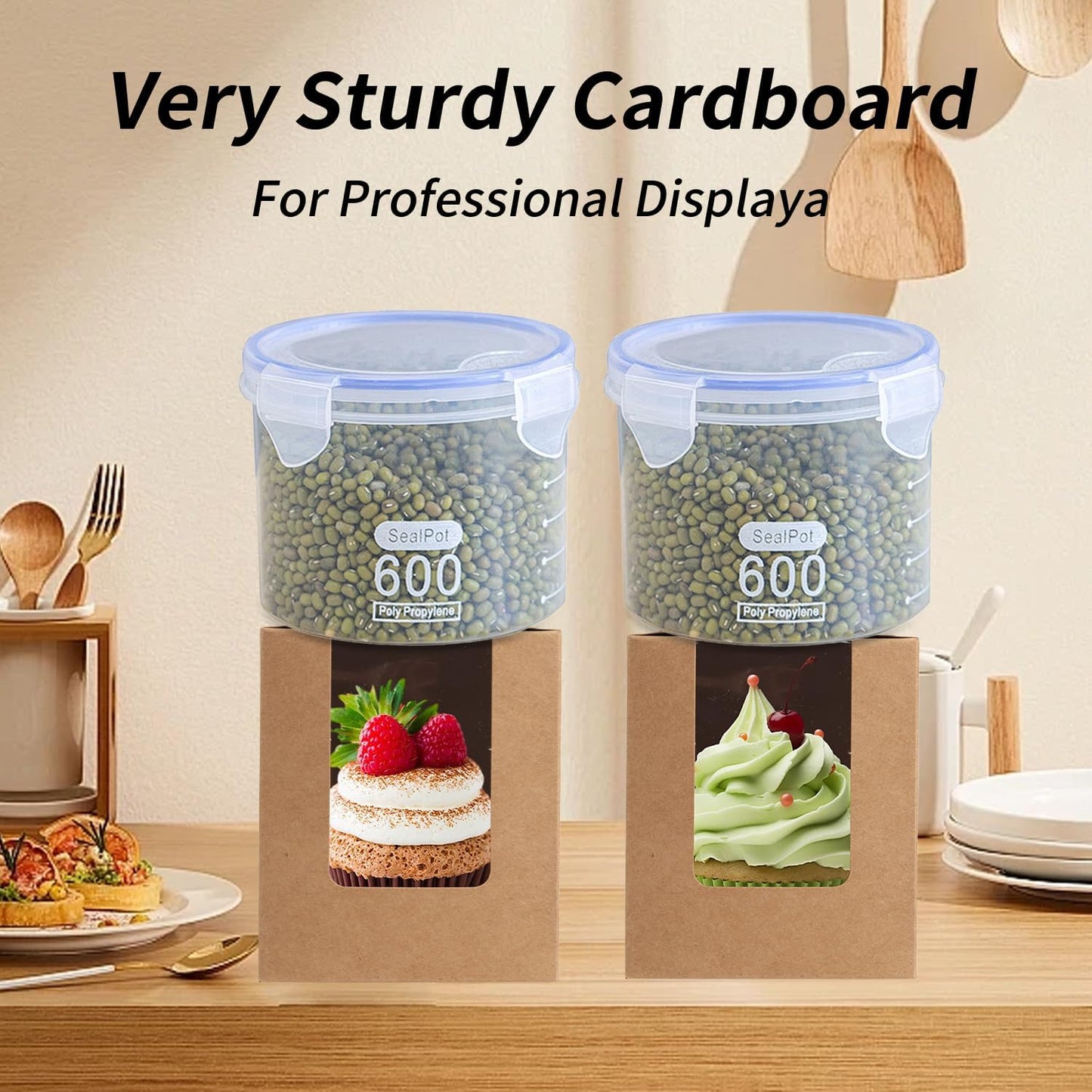 JCD Cupcake Boxes Kraft Paper, 120pcs Portable Cupcakes Holder Containers,Individual Cupcake Container Brown with Window Insert and Handle, Pastry Box Muffins Holder for Bakery Wrapping (Brown/120Pcs)