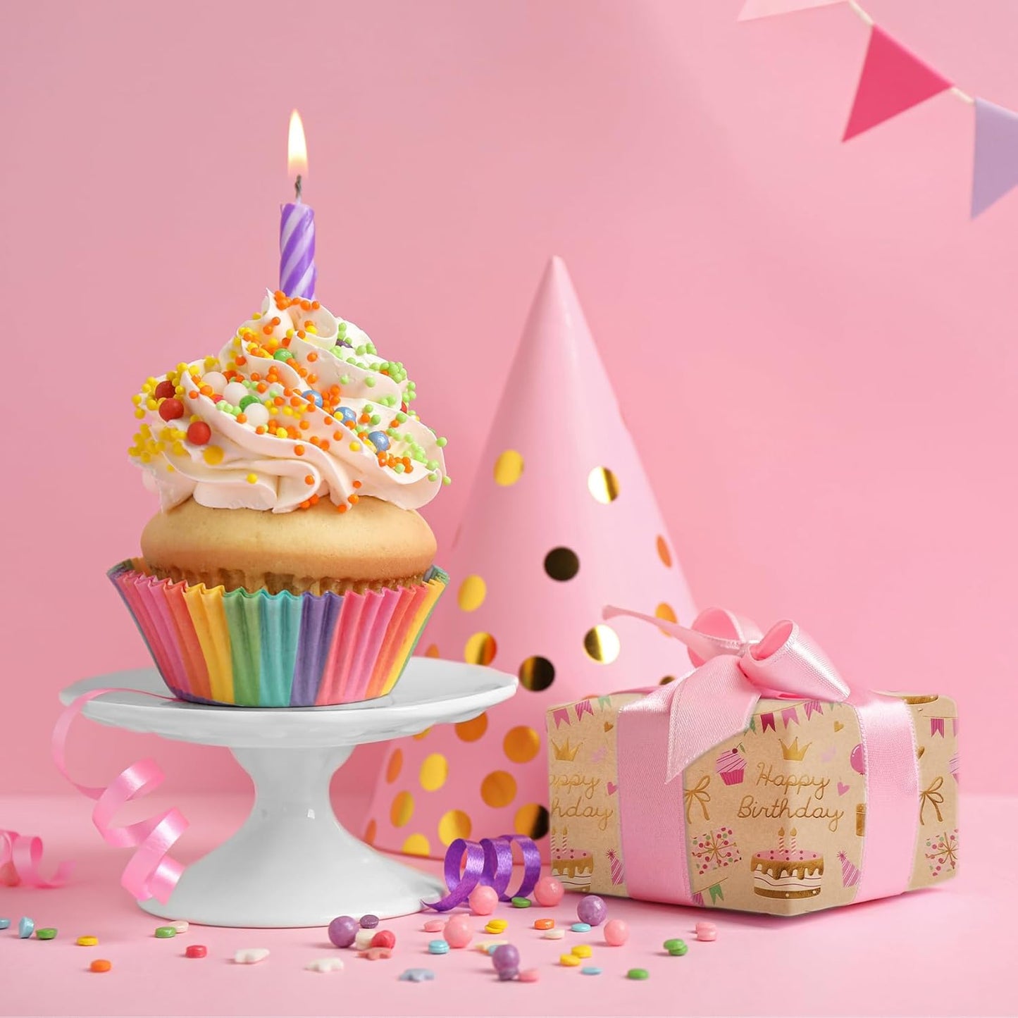 Aimyoo Birthday Wrapping Paper Roll - 17 Inch X 16.4 Feet - Gold Foil Celebration Cake, Gift Box,Happy Birthday Lettering Design Gift Wrap for Kids, Baby Showers