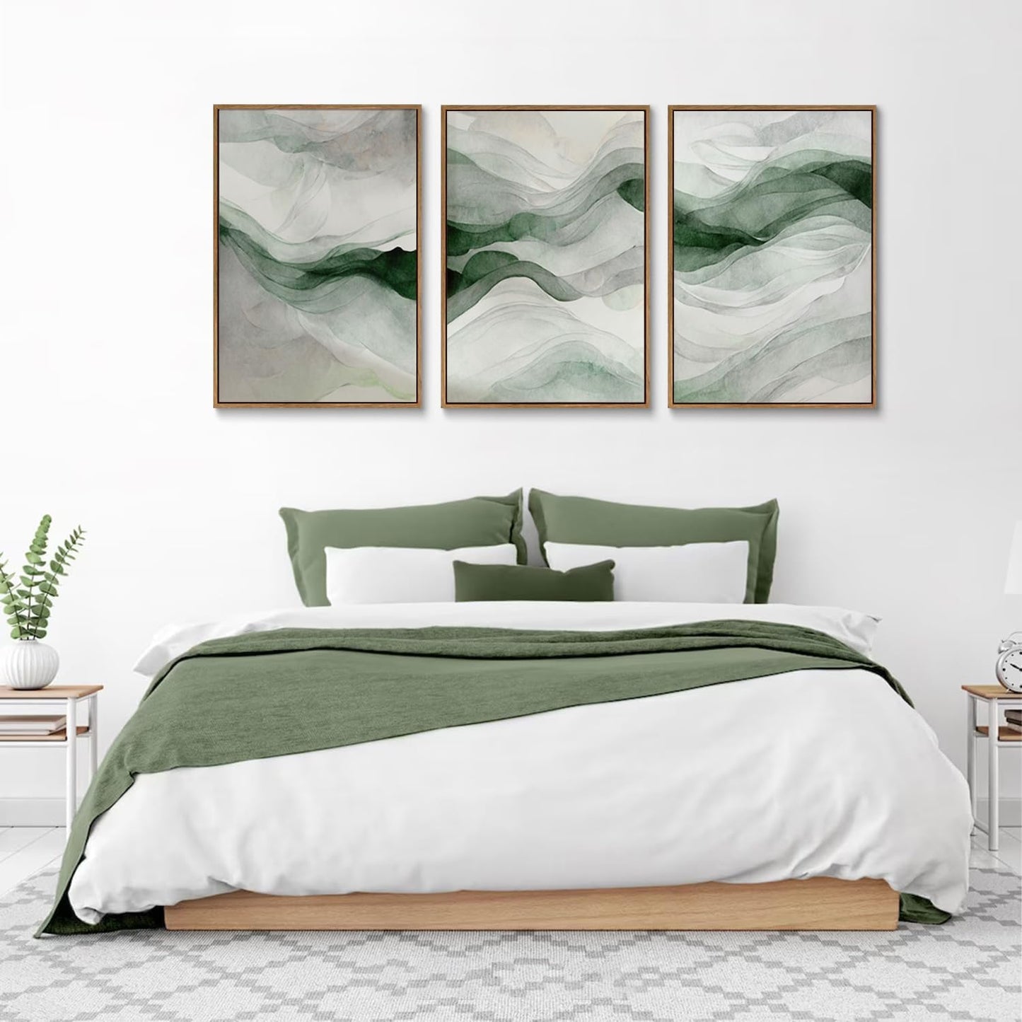 myusuar 3 Piece Large Abstract Framed Wall Art For Living Room, Smoke Texture Ink Teal Soft Green Canvas Wall Art Modern Minimalist Art Prints Wall Décor For Bedroom Office 16x24in