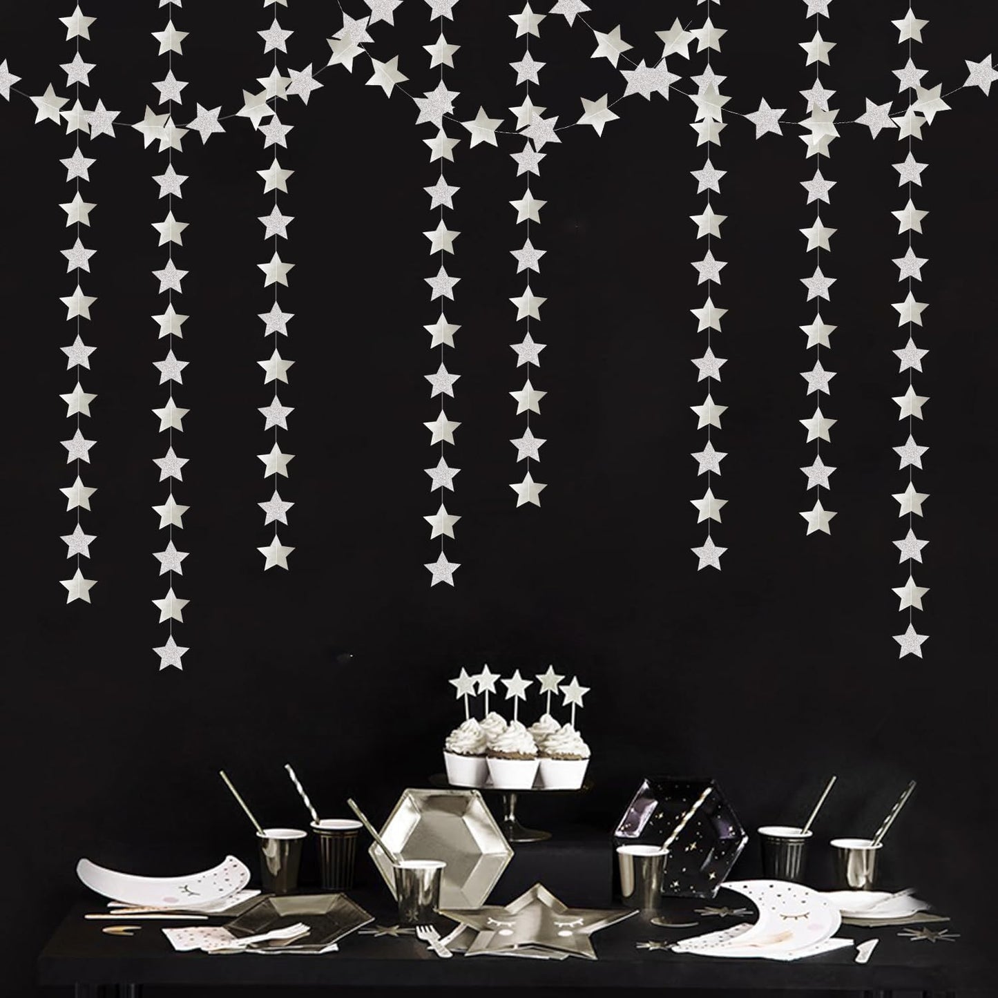 Glitter-Silver Party-Decorations Star Christmas Garland - 62ft Birthday Twinkle Little Star Hanging Streamers Banner,Bachelorette Engagement Wedding New Years Supplies Decor Hugtmr