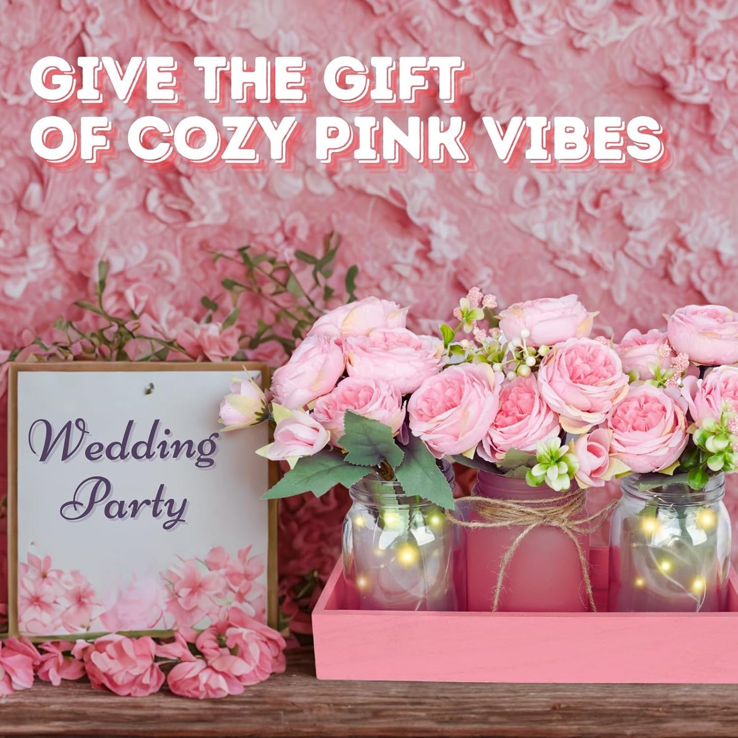 Rustic Pink Mason Jar Centerpiece with Faux Peony Flowers – Floral Decor for Home, Wedding, Kitchen, Table, Office – Farmhouse Tray Vase Set