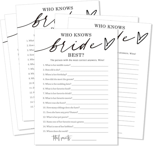 Fun Wedding Shower Games Cards Who Knows The Bride Best Engagement Party Wedding Game Bridal Shower Games 25 Guests Minimalist White Newlywed Party Supplies and Decorations - A05