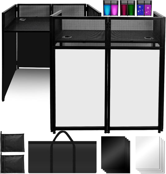 Portable DJ Booth 40" x 20", DJ Facade Table with Black/White Light Scrims, Foldable DJ Stand for Laptop and Controller,with Carry Bag, Cable Hole, Perfect for Bars, Clubs, Party, Private Events