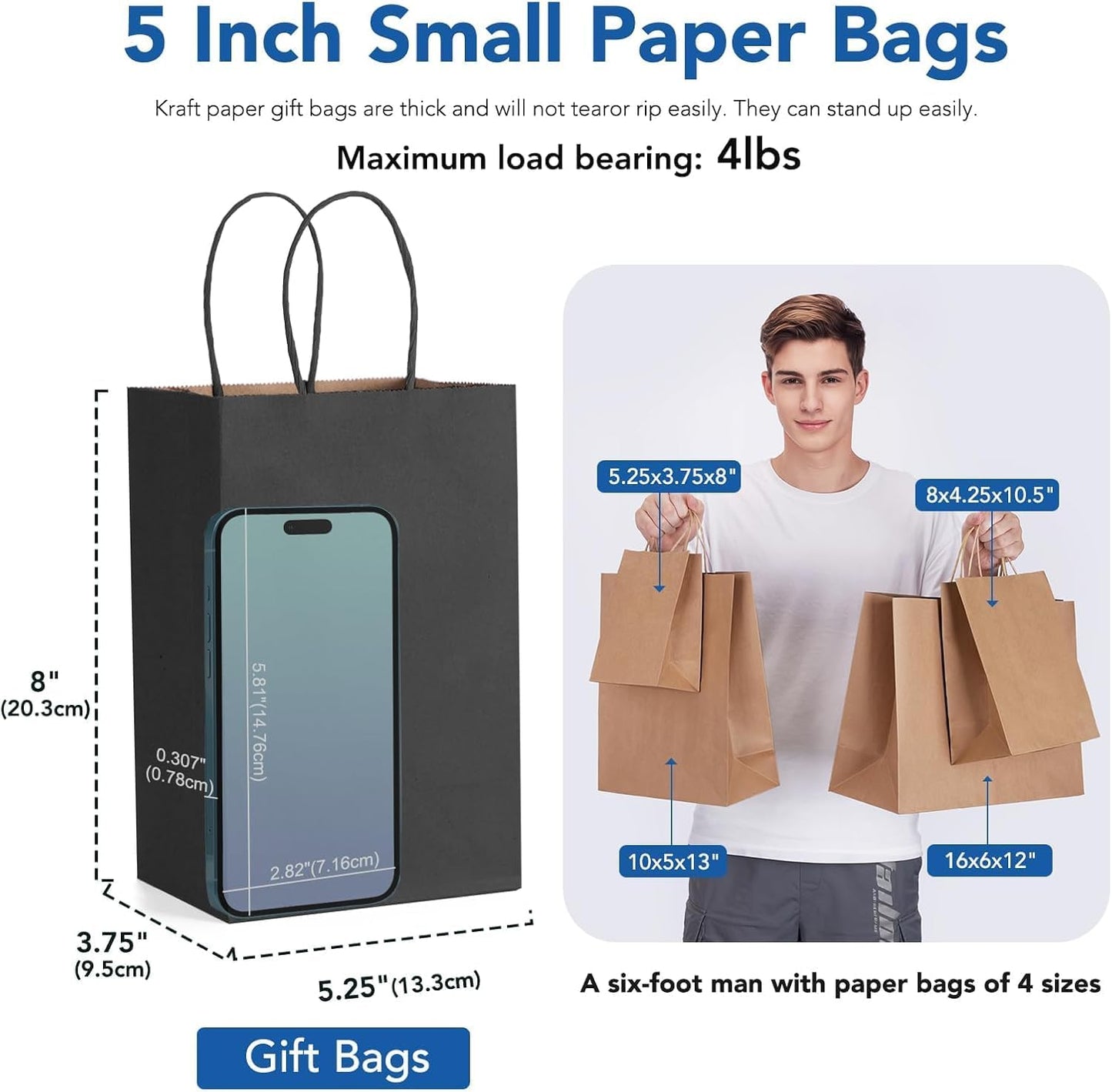 GSSUSA Paper Gift Bags 5.25x3.75x8 Inch 20000 Pack, Valentine's Day Gift Wrap Bags with Handles, Black Kraft Paper Bag for Small Business, Heavy Duty Bulk, for Birthday Party Favors, Shopping, Retail