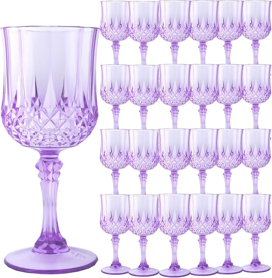 Plastic Wine Glasses，Plastic Goblets Vintage Style Cordial Drinking Glasses for Wedding Reception, Grand Event Party Supplies (24, Purple)