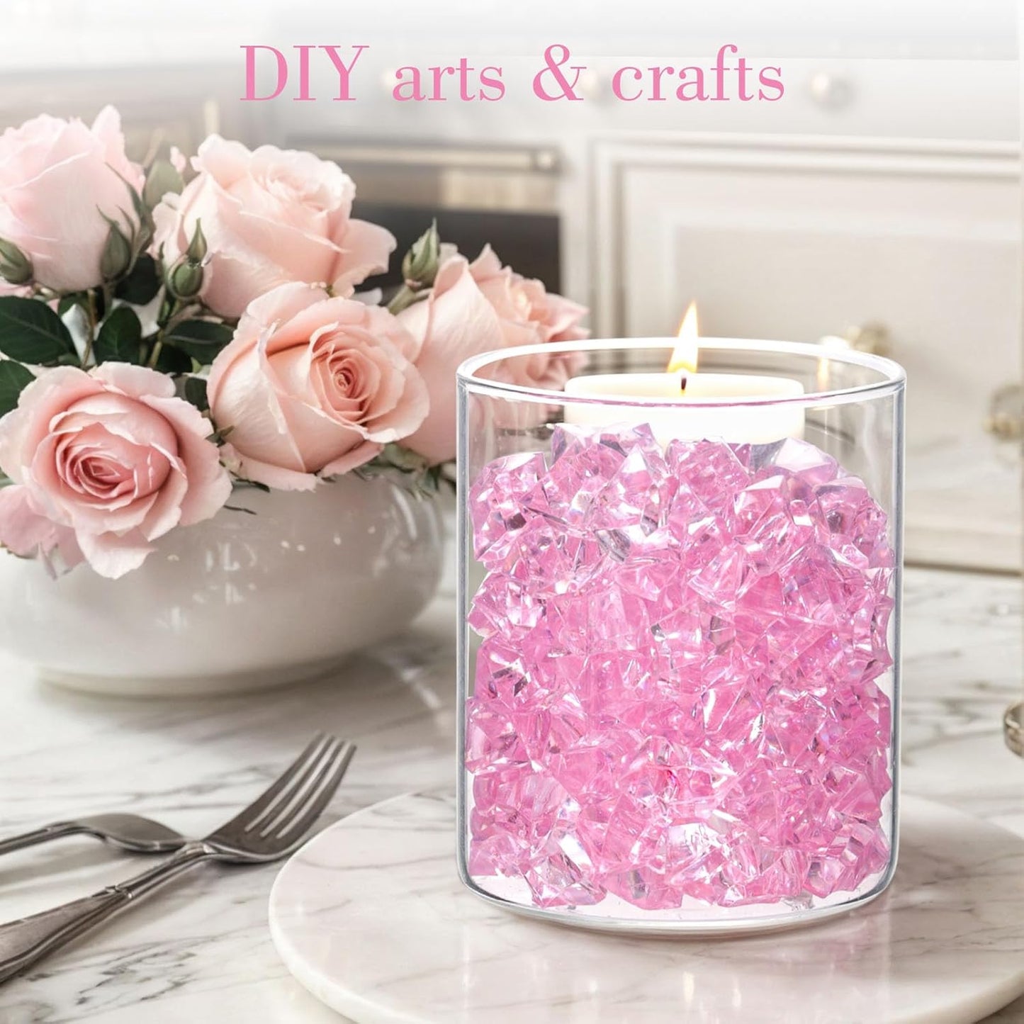 DOMESTAR Pink Fake Ice, 150PCS Acrylic Fake Diamonds, Plastic Crystals Gems, Vase Fillers DIY Craft Makeup Brush Rocks Wedding Party Table Centerpieces Scatter Decorations