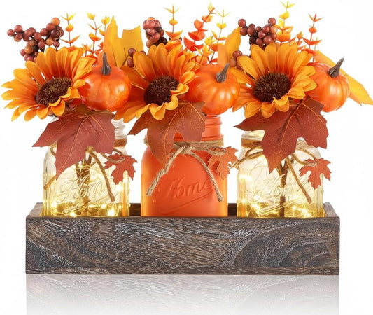 Fall Thanksgiving Table Decor, Centerpieces for Tables with Mason Jars, Fake Flowers, Wood Tray, 25 Pcs Pumpkin Fall Thanksgiving Centerpieces Table Decorations for Home Indoor, Autumn Decor