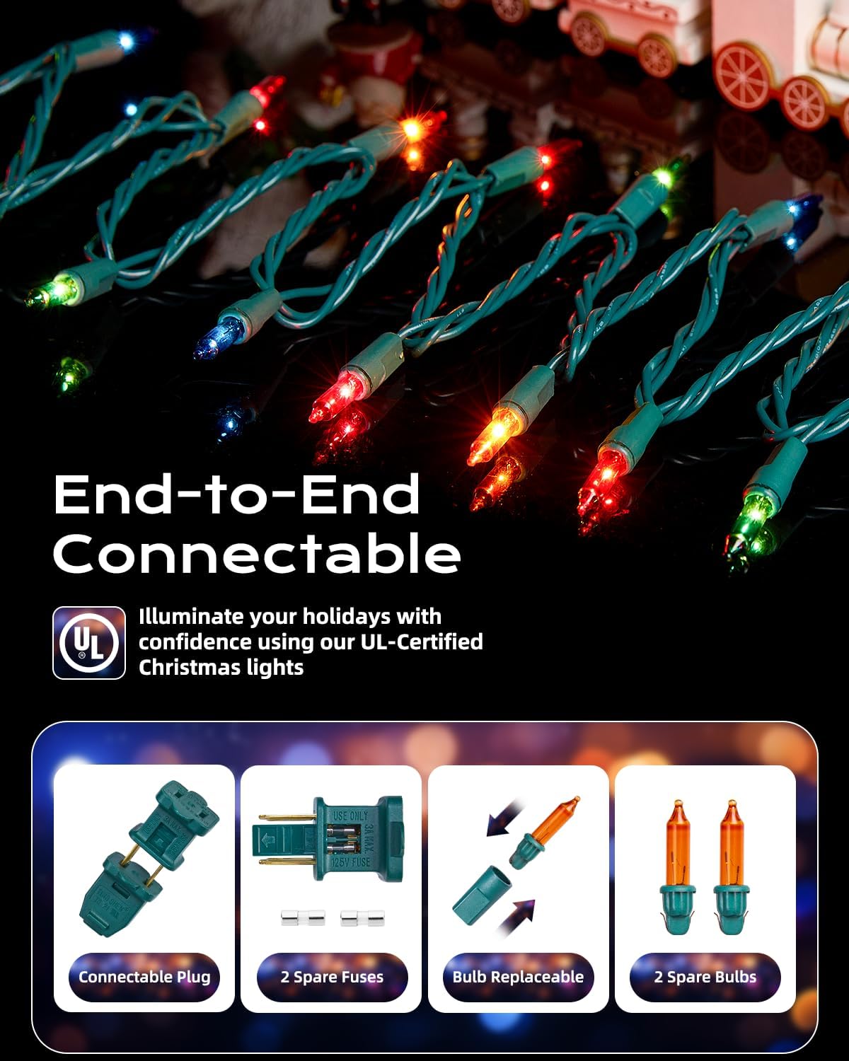 Brightown Multicolor Christmas String Lights, 200-Count 50ft Incandescent Bulb Mini Lights for Indoor Holiday Decor, Christmas Tree Garland Wedding Party Multi-Use Festival Decoration, Green Wire