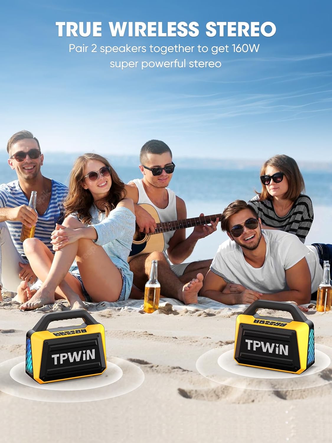Portable Bluetooth Speakers - Wireless Jobsite Speaker 80W Peak, TWS, Light Shows, Loud Speaker with Deep Bass, BT 5.3, IPX6 Waterproof, 20H Playtime for Outdoor Beach Camping Garage - Yellow