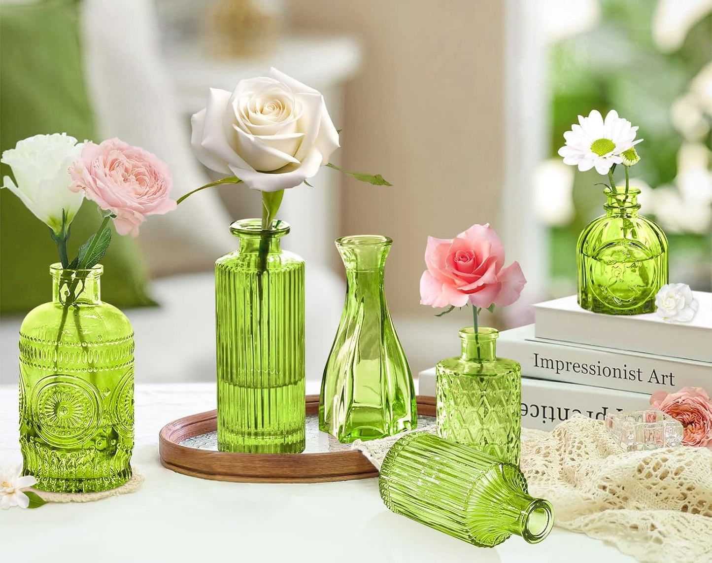 Green Glass Bud Vase Set,20Pcs Small Glass Vase for Flowers, Clear Bud Set in Bulk,Mini Single Vintage Style for Centerpiece for Rustic Wedding Decorations Home Table Flower Décor