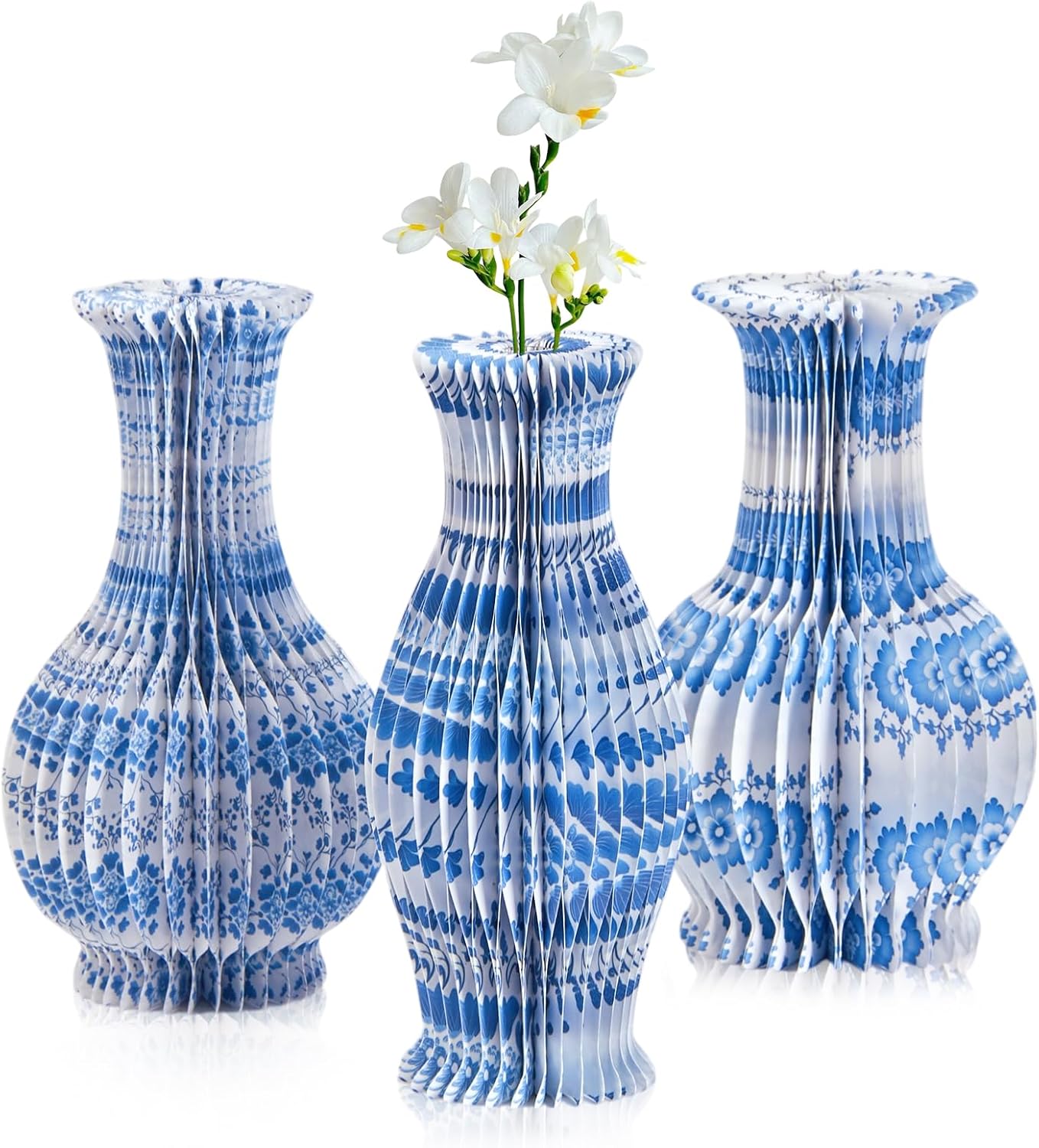 3 Pcs Blue and White Paper Honeycomb Vase, Foldable Decorative Vase with Magnetic Closure, Chinoiserie Décor Vase, Reusable Table Centerpiece for Wedding, Baby Shower, Home Decor