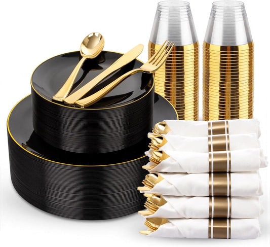 KIRE 175Pcs Black Plates Disposable - Heavy Duty Black and Gold Plastic Plates- 25 for Dinner 25 for Dessert 25 Pre Rolled Gold Silverware and 25 Cups for Birthday Party/Halloween/New Year