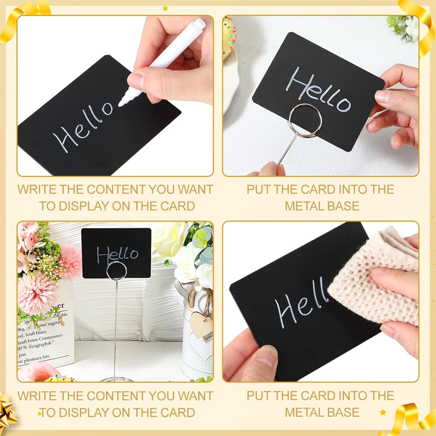 TecUnite 12 Pcs Mini Chalkboard Signs, 4"x3" Small Chalkboard Label with Metal Stand 2 Water Based Chalk for Food Buffet Tabletop Blackboard Sign for Party Bakery(Silver,8.7 x 2.8 in)