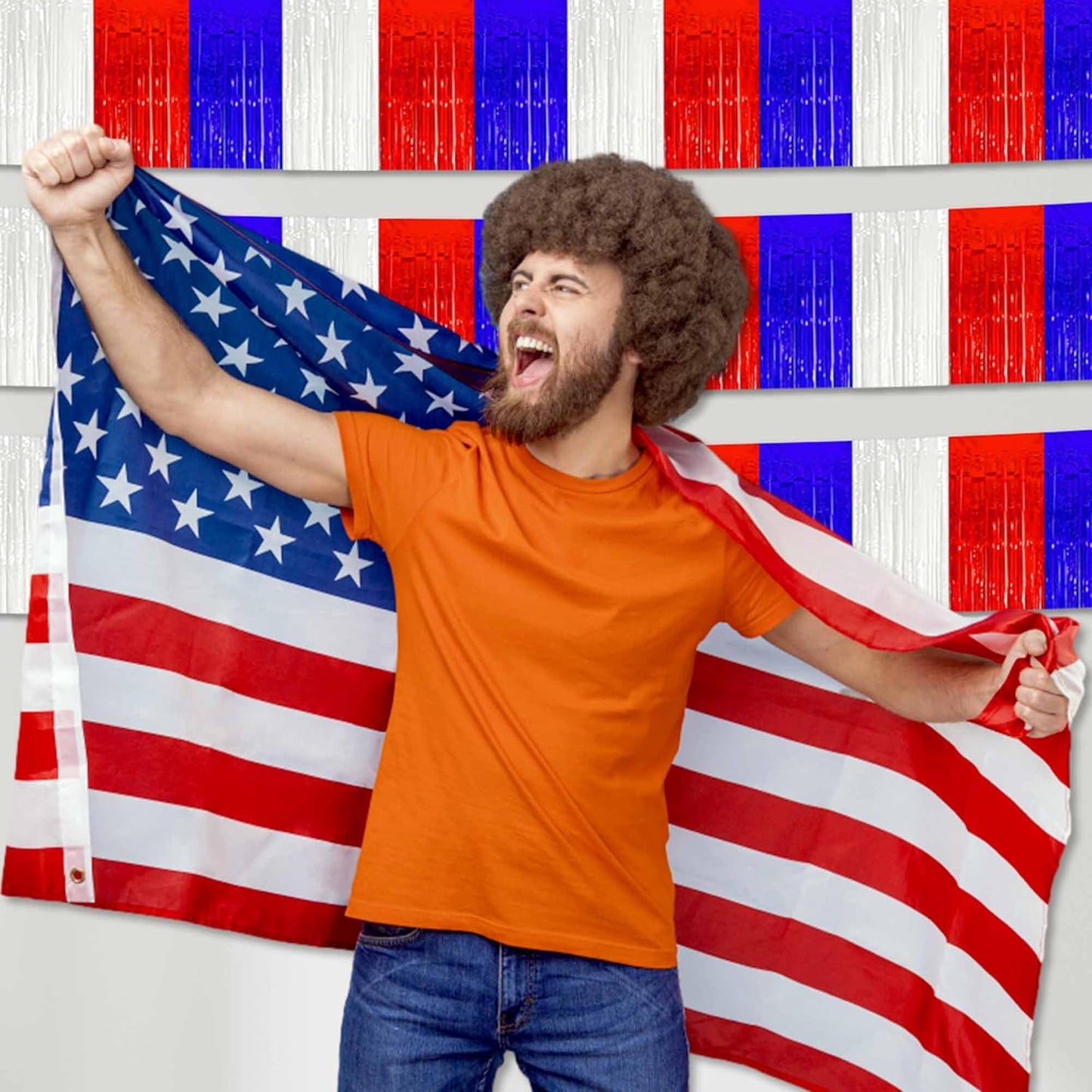 6 Pack 10 Ft White Blue Red Foil Fringe Garland Metallic Streamers Tinsel Banner Wall Hanging Garland Backdrop for Parade Floats, Halloween, Christmas, Thanksgiving, New Year Party Decorations