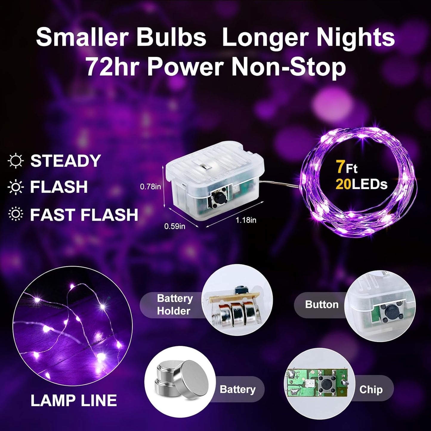 Aogist 50 Pack Fairy Lights 3 Modes 7ft 20 LED Waterproof,Battery Operated Silver Wire Firefly Starry Moon Mini String Lights for Mason Jars Christmas DIY Crafts Wedding Party Bedroom,Purple