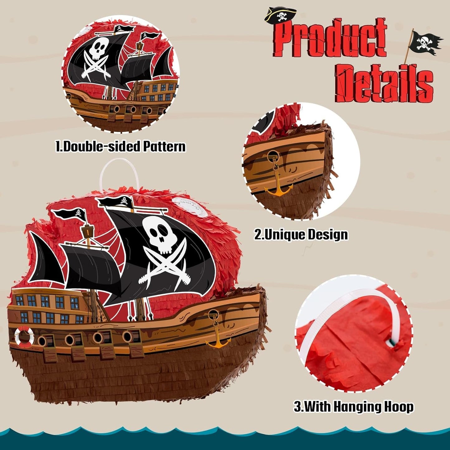 WERNNSAI Pirate Piñata - Pirate Ship Piñata with Blindfold and Bat for Boys Kids Caribbean Pirate Piñata Birthday Party Favors Decorations Family Games Pirate Party Supplies 16.4” x 12.4”