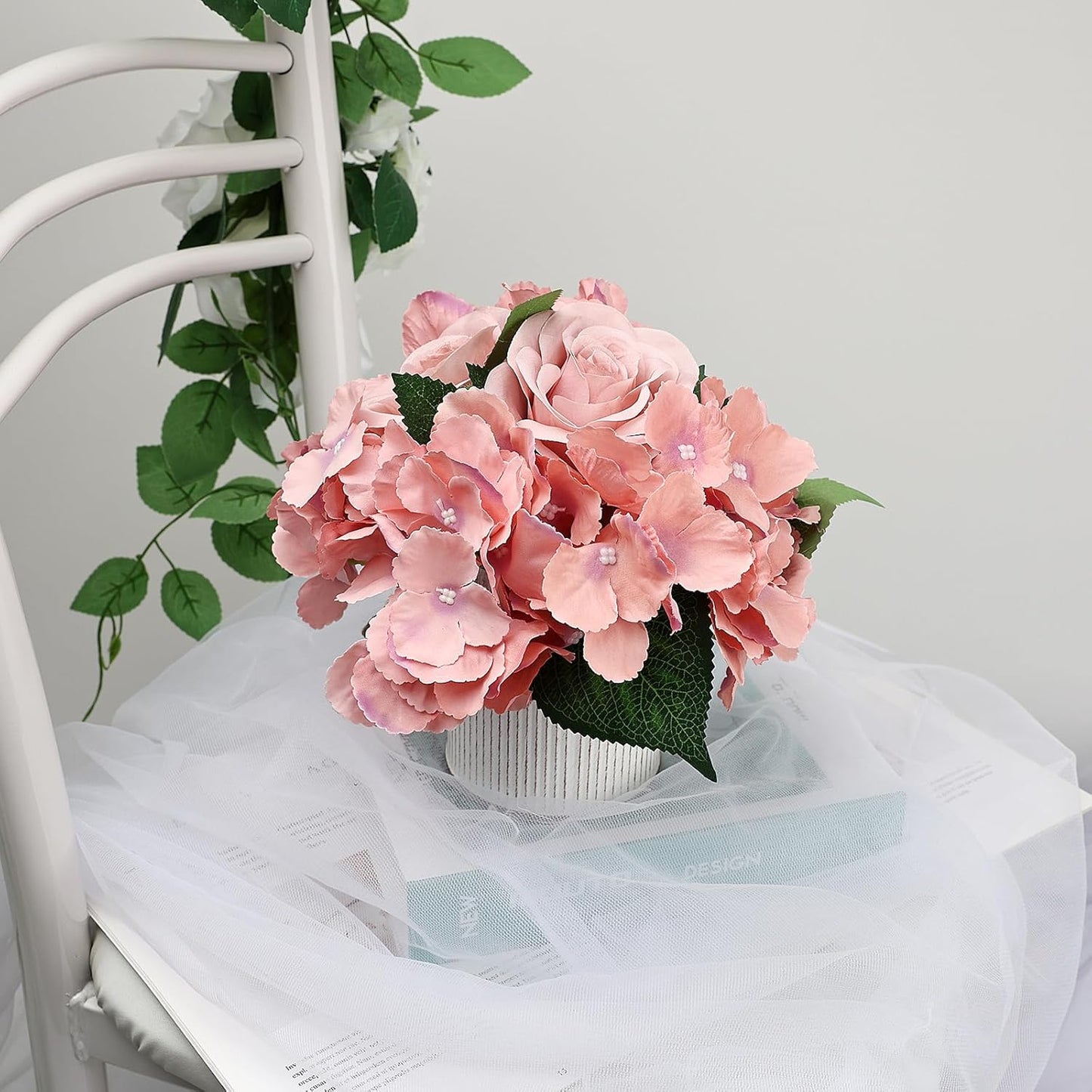 Flower Table Centerpieces - Set of 6 Floral Arrangement Artificial Wedding Hydrangeas Floral Arrangement with Rustic Metal Vase for Bridal Tea Party Event Decorations - Deep Pink