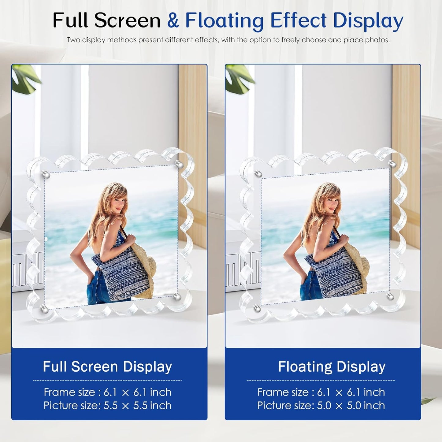 Acrylic Picture Frames. 5×5inch 6Pack - Double-Sided Scalloped Photo Frame, 20mm Ultra-Clear Block, Modern Desktop Display for Home/Office Decor (6 Pack, 5X5)