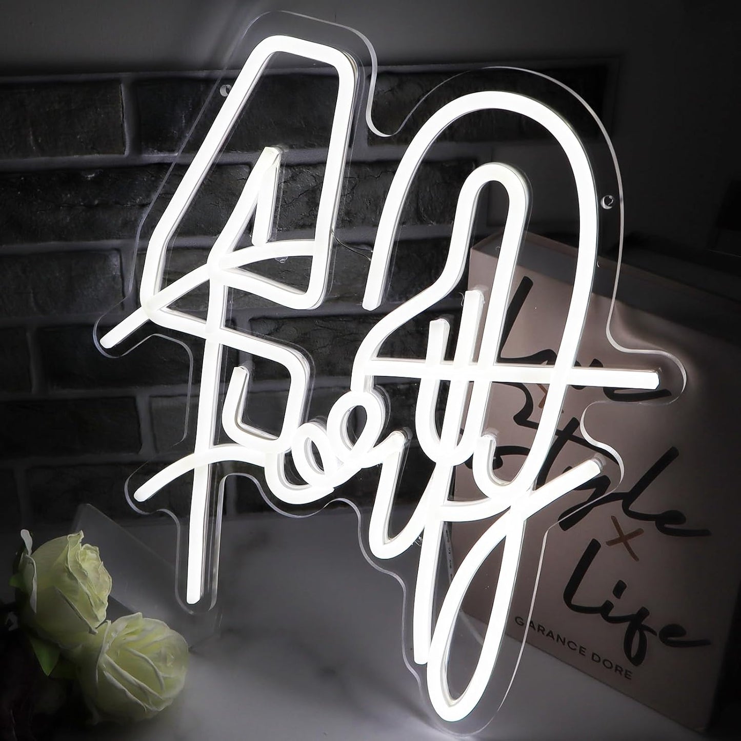 White Forty Neon Sign 40 Year Old Birthday Neon Sign Birthday Gift For 40 Year Old Woman Led Night Light For Wedding Engagement Banquet Anniversary Party Decor Gift For Girl Wife Lover(USB Sign)
