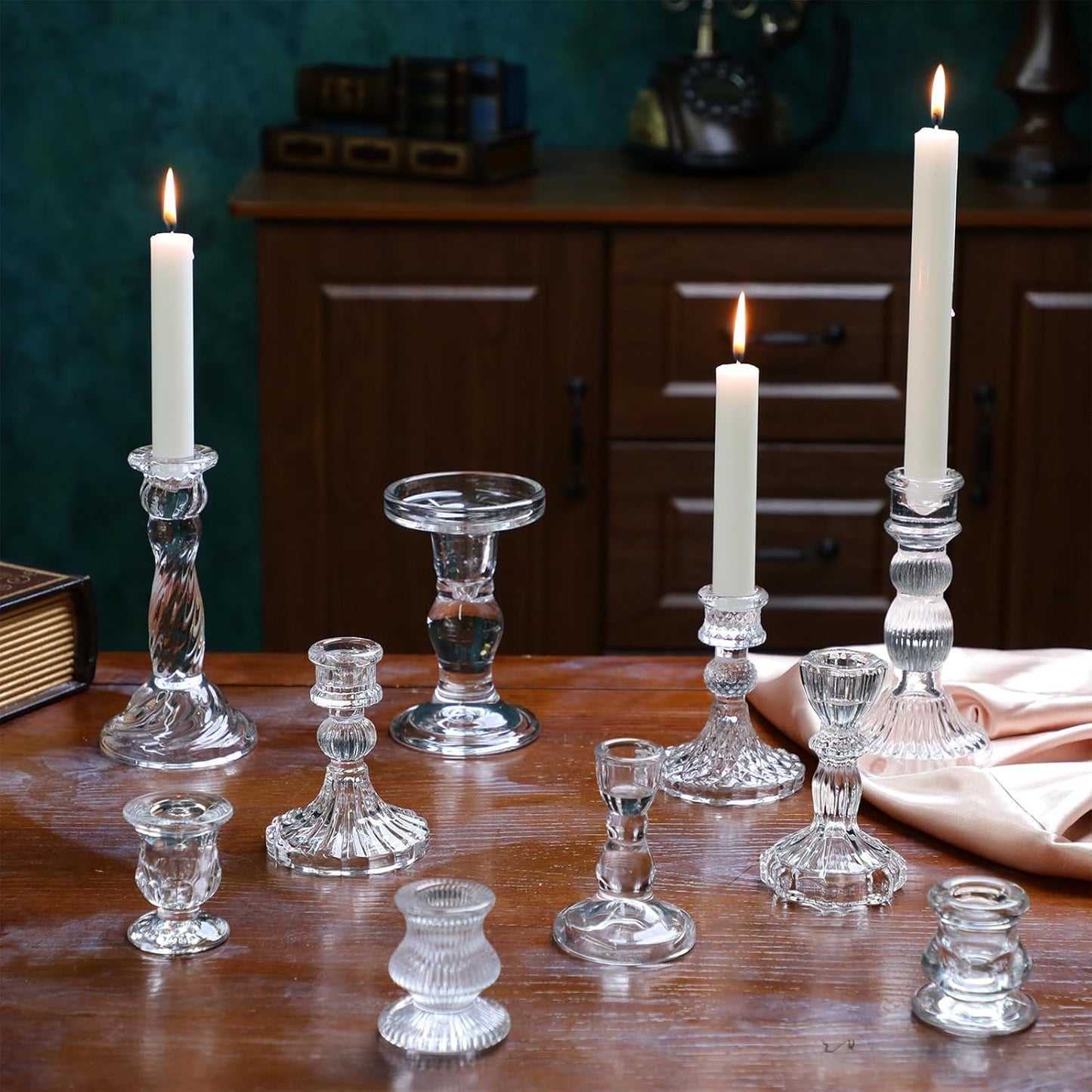 Mumufy 80 Pcs Glass Crystal Taper Candle Holders Clear Glass Candlestick Holder Fit 0.8 Inch Candles Crystal Decorative Candle Stand Centerpiece Table Wedding Dining Party (Classic,Clear)