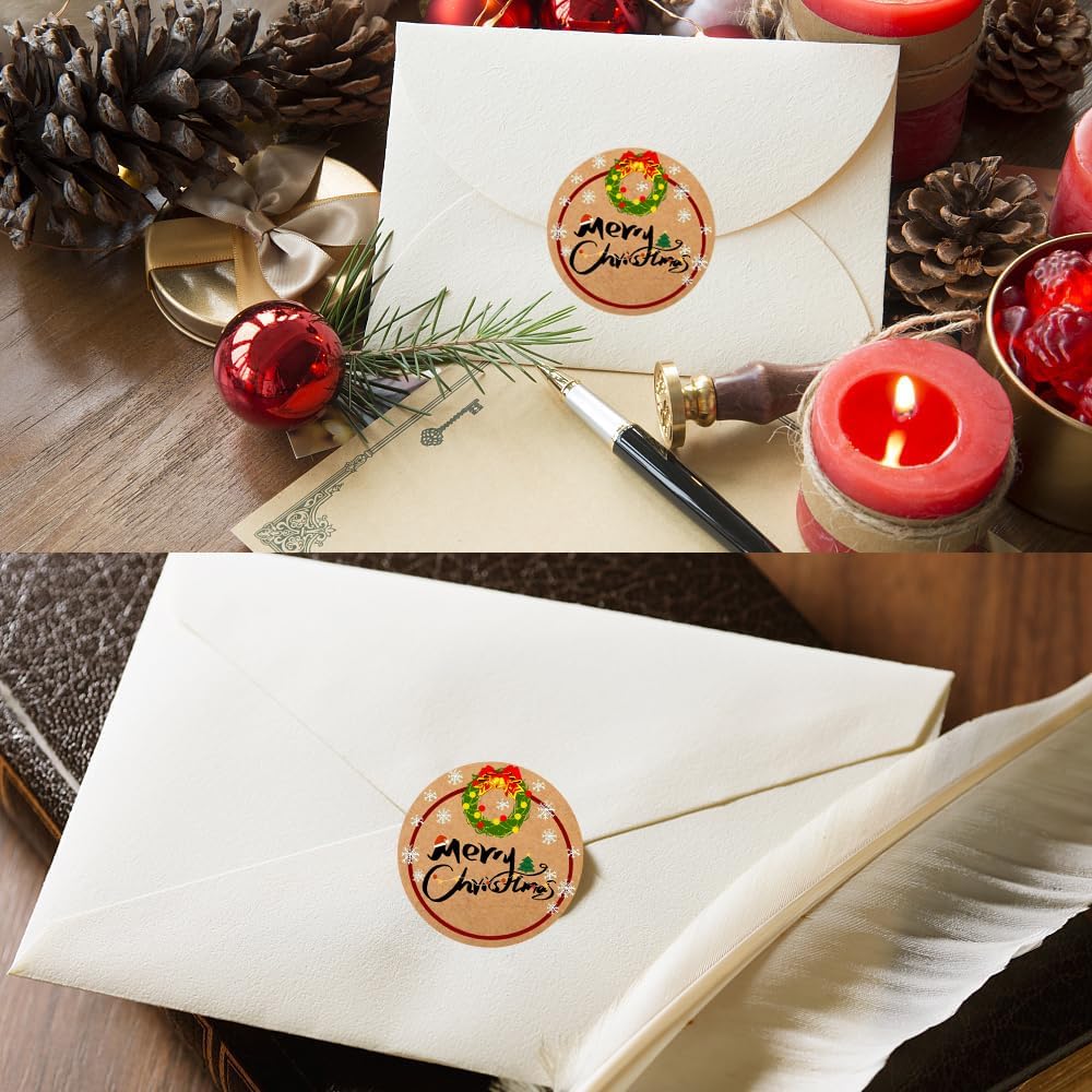 100-1000pcs Custom Stickers Merry Christmas Stickers Personalized Labels Adhesive Xmas Decorative Envelope Seals Stickers for Cards Gift Boxes(Round Kraft-2)