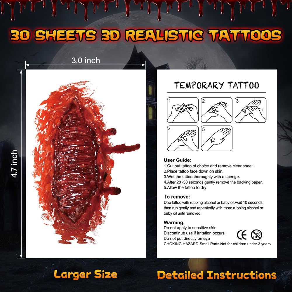 30 Sheets Scar Tattoos Temporary Halloween Makeup Kit, Large Size Fake Chucky Scars Stitches Bloody Wound Vampire Zombie Tattoos, Realistic Stitch Stickers for Men Women Kids Cosplay Party Prank